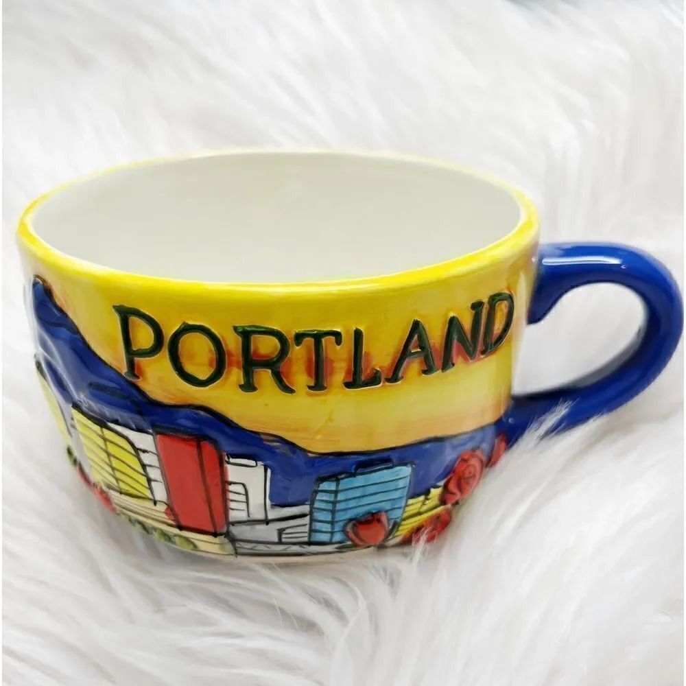 Portland Oregon Cappuccino Ceramic Mug Blue and Yellow Large